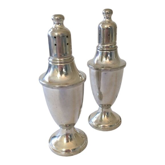 Web Pewter Salt Pepper Shaker Set Amber Glass Lined Weighted Vtg 80s Farmhouse. - Picture 9 of 16